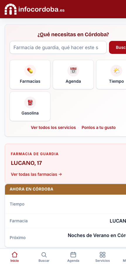 Portada de InfoCórdoba en un móvil: agenda del Ayuntamiento y de los teatros municipales, farmacias de guardia y centros de salud.
