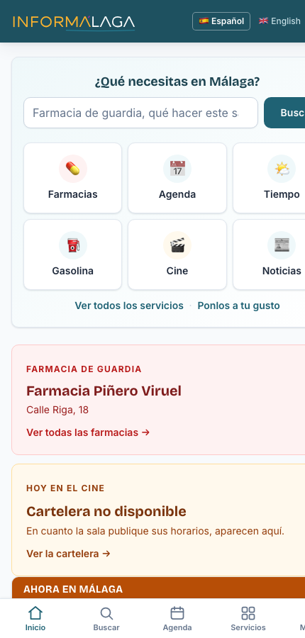 Portada de InforMálaga en un móvil: agenda cultural, farmacias de guardia de los tres turnos y accesos a salud, empleo y transporte.
