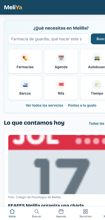 Portada de MeliYa en un móvil: titulares de Melilla, agenda del día y acceso directo a farmacias de guardia y a los barcos con la península.